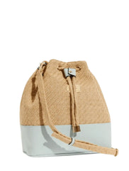 Fiorella Beige Woven Straw Bucket Bag with Blue Leather Base