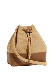 Fiorella Beige Natural Woven Straw Bucket Bag with Brown Leather Base