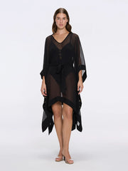 Bianca Ella Booth-Tata Black Sheer Kaftan with Gold Buttons, Belt, and Asymmetric Hem