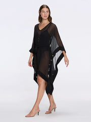 Bianca Ella Booth-Tata Black Sheer Kaftan with Gold Buttons, Belt, and Asymmetric Hem