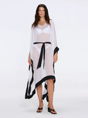 Tata Sheer Kaftan in White and Black with Gold Buttons, Belt, and Asymmetric Hem