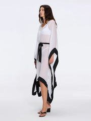 Tata Sheer Kaftan in White and Black with Gold Buttons, Belt, and Asymmetric Hem