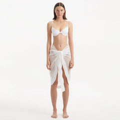 Raiden White Tie-Front Sheer Sarong with Wavy Trim
