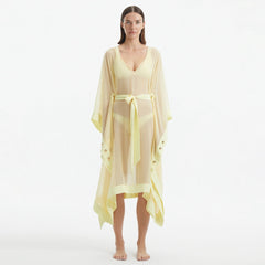 Opal Yellow Sheer Kaftan with Gold Buttons and Belt