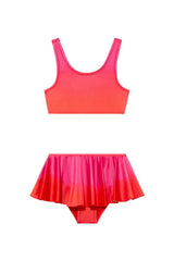 Kids' Peachy Red/Pink Scoop Neck Bikini Set with Skirt