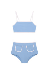 Sunny Blue Kids Bikini Set with Square Neck, High Waist, and Pocket Detail