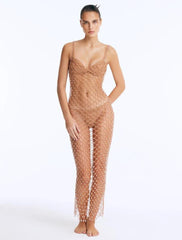 Bruna Lirio Aliana Bronze Macrame Net Maxi Dress with Glass Bead Details and Nixie Bronze Bandeau Mid Coverage Bikini Set