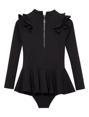 Jojo Black Textured Ruffle Skirt Swimsuit