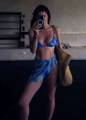 Hermione Blue Bikini Triangle Side Tie 3D Set with Evita Blue Optical Tie Side Sarong