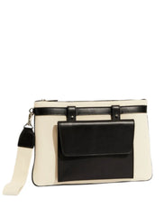 Azzura Ecru Linen and Black Leather Contrast Flap Clutch
