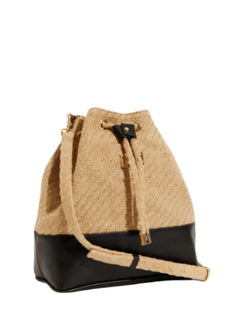 Fiorella Beige Woven Straw Bucket Bag with Black Leather Base