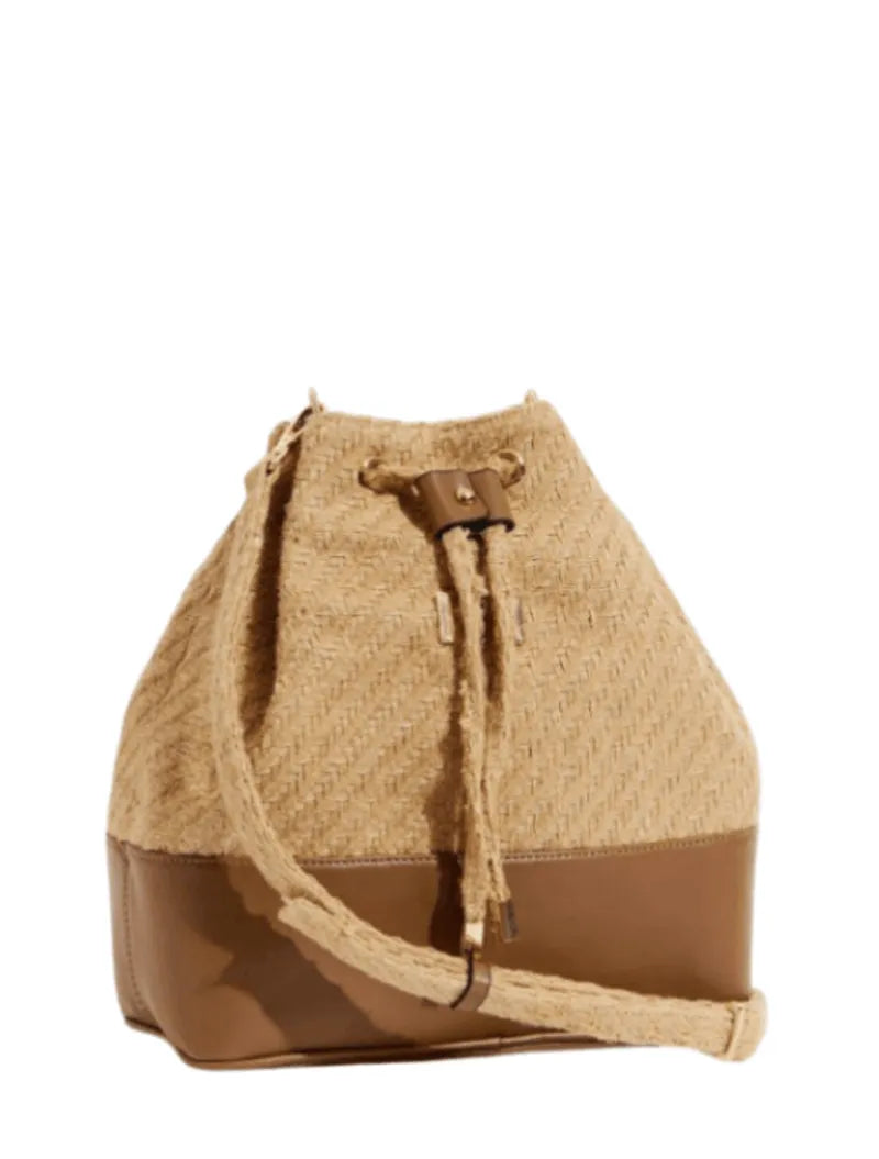 Fiorella Beige Natural Woven Straw Bucket Bag with Brown Leather Base