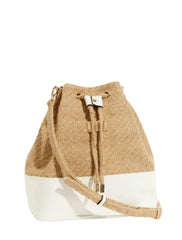Fiorella Beige Woven Straw Bucket Bag with White Leather Base