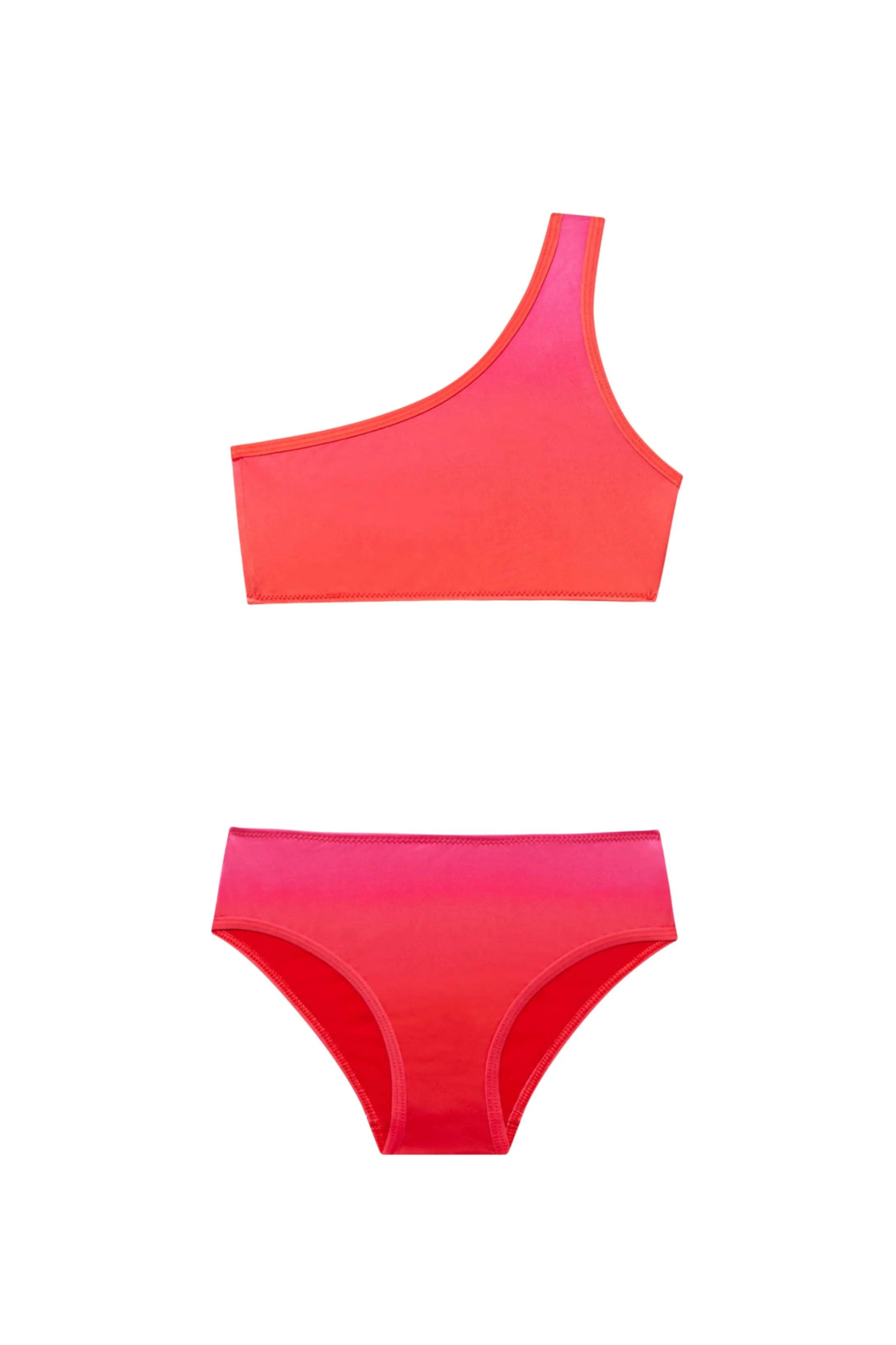 Kids One-Shoulder High-Waist Bikini Set in Coco Red/Pink