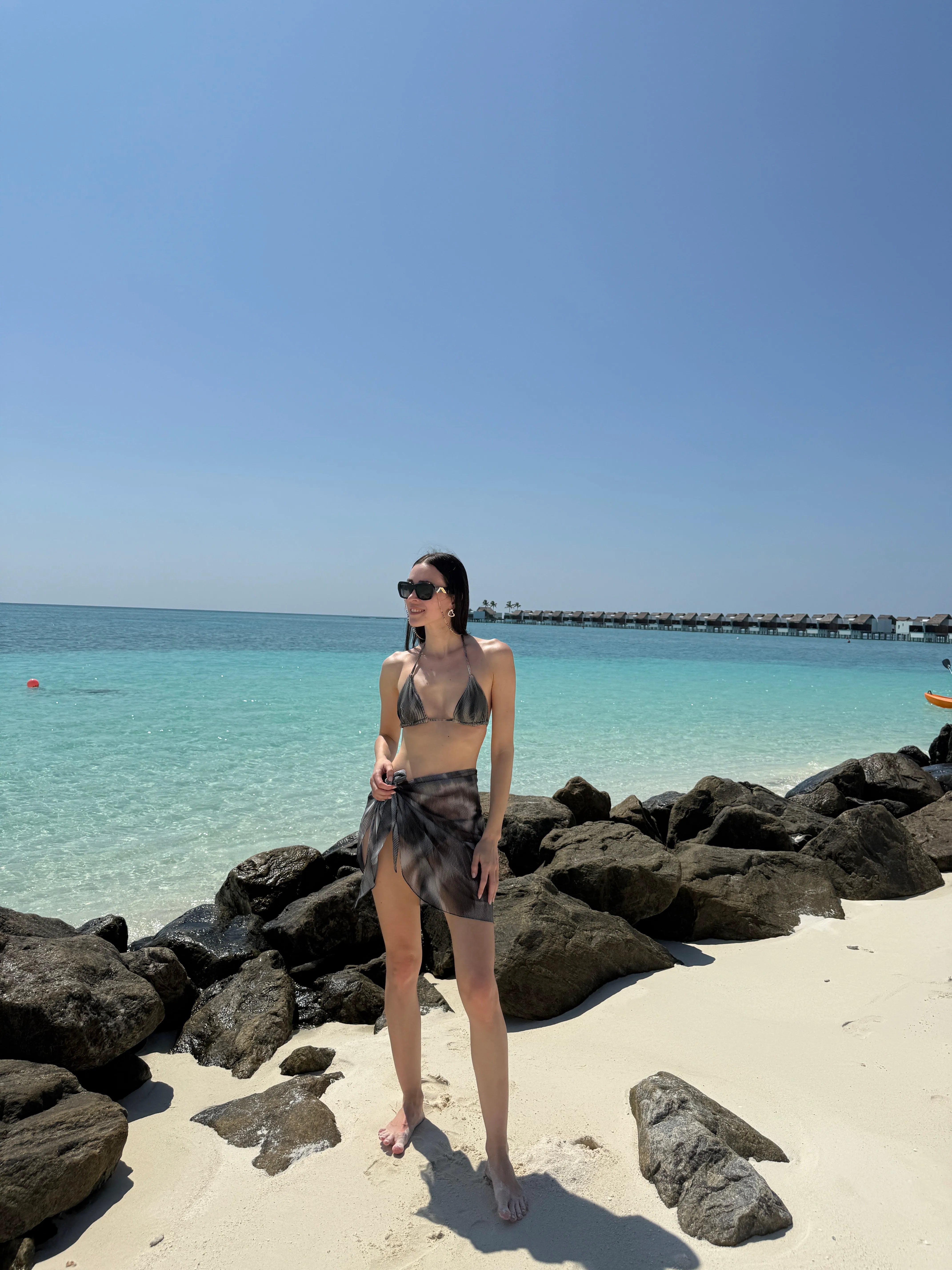 Elvira Jain Hermione Black Triangle Side Tie 3D Bikini Set with Evita Black Optical Tie Side Sarong
