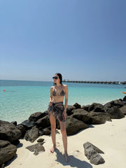 Elvira Jain Hermione Black Triangle Side Tie 3D Bikini Set with Evita Black Optical Tie Side Sarong