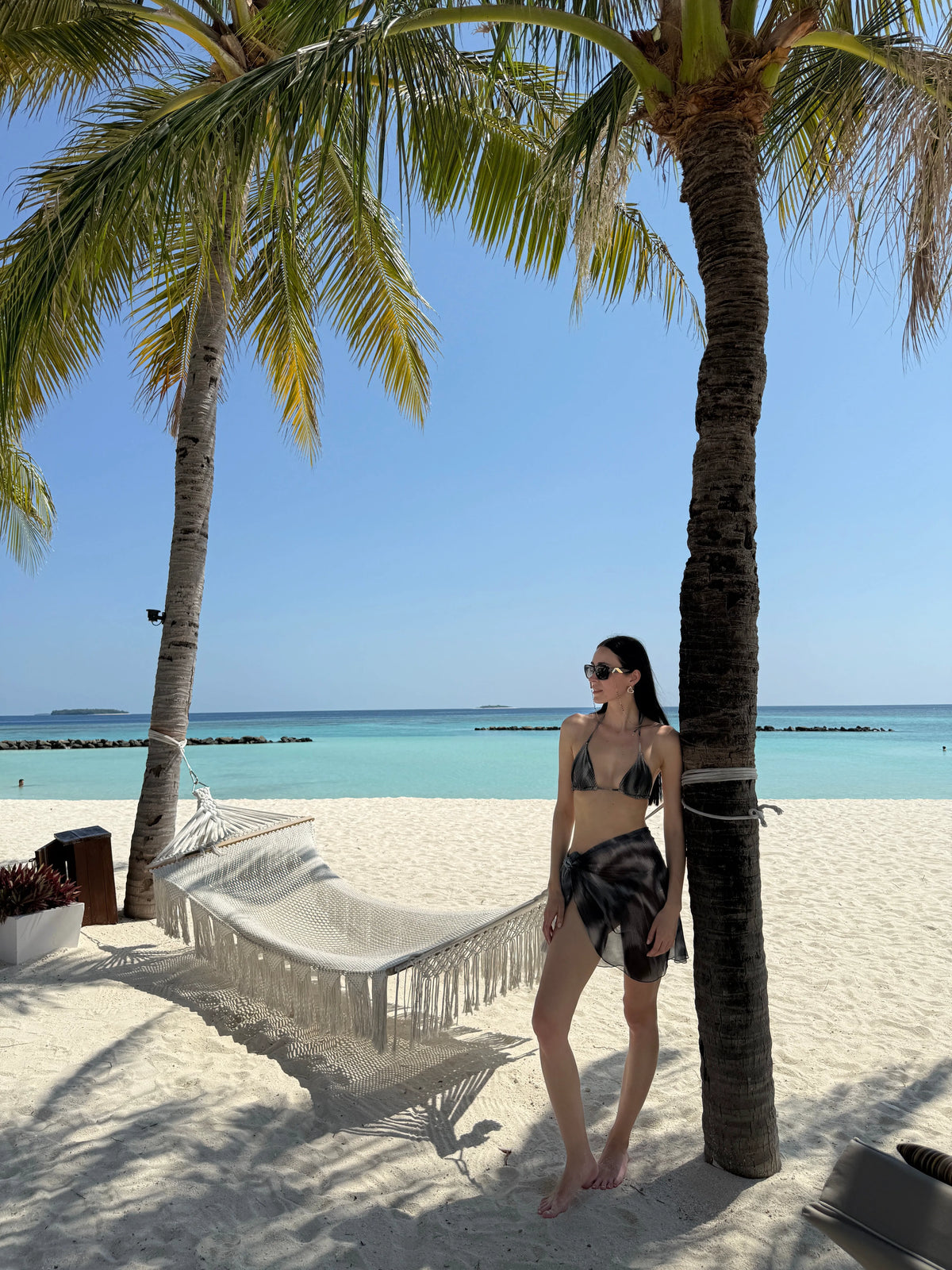 Elvira Jain Hermione Black Triangle Side Tie 3D Bikini Set with Evita Black Optical Tie Side Sarong