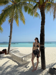 Elvira Jain Hermione Black Triangle Side Tie 3D Bikini Set with Evita Black Optical Tie Side Sarong