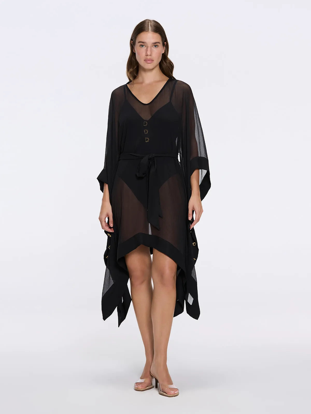 Tata Women's Black Sheer Kaftan with Gold Buttons, Belted Waist, and Asymmetric Hem