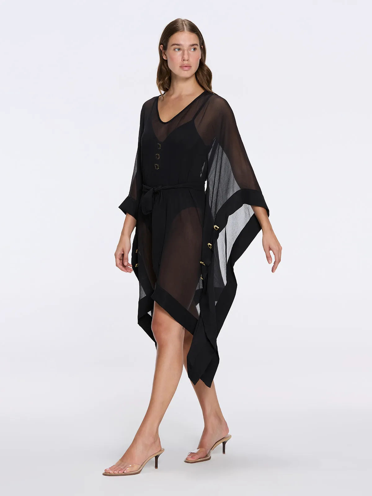 Bianca Ella Booth-Tata Black Sheer Kaftan with Gold Buttons, Belt, and Asymmetric Hem
