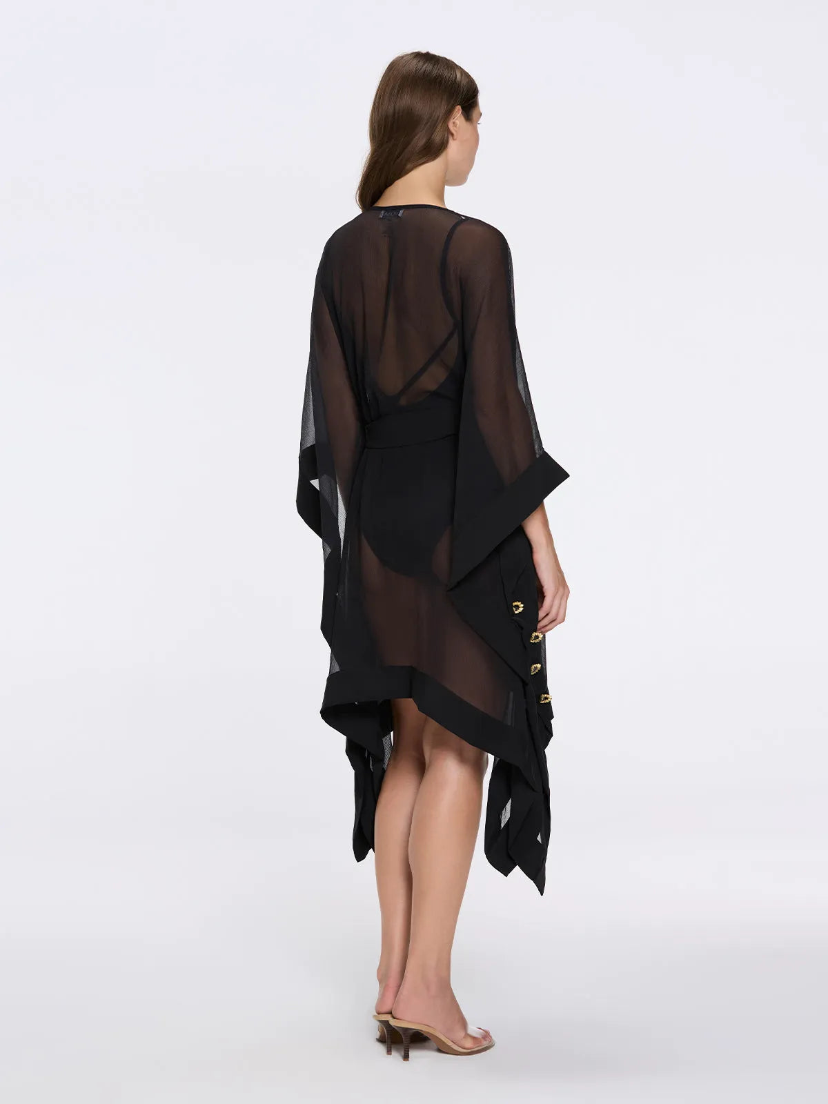 Tata Women's Black Sheer Kaftan with Gold Buttons, Belted Waist, and Asymmetric Hem