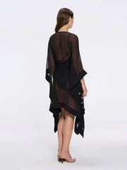 Bianca Ella Booth-Tata Black Sheer Kaftan with Gold Buttons, Belt, and Asymmetric Hem