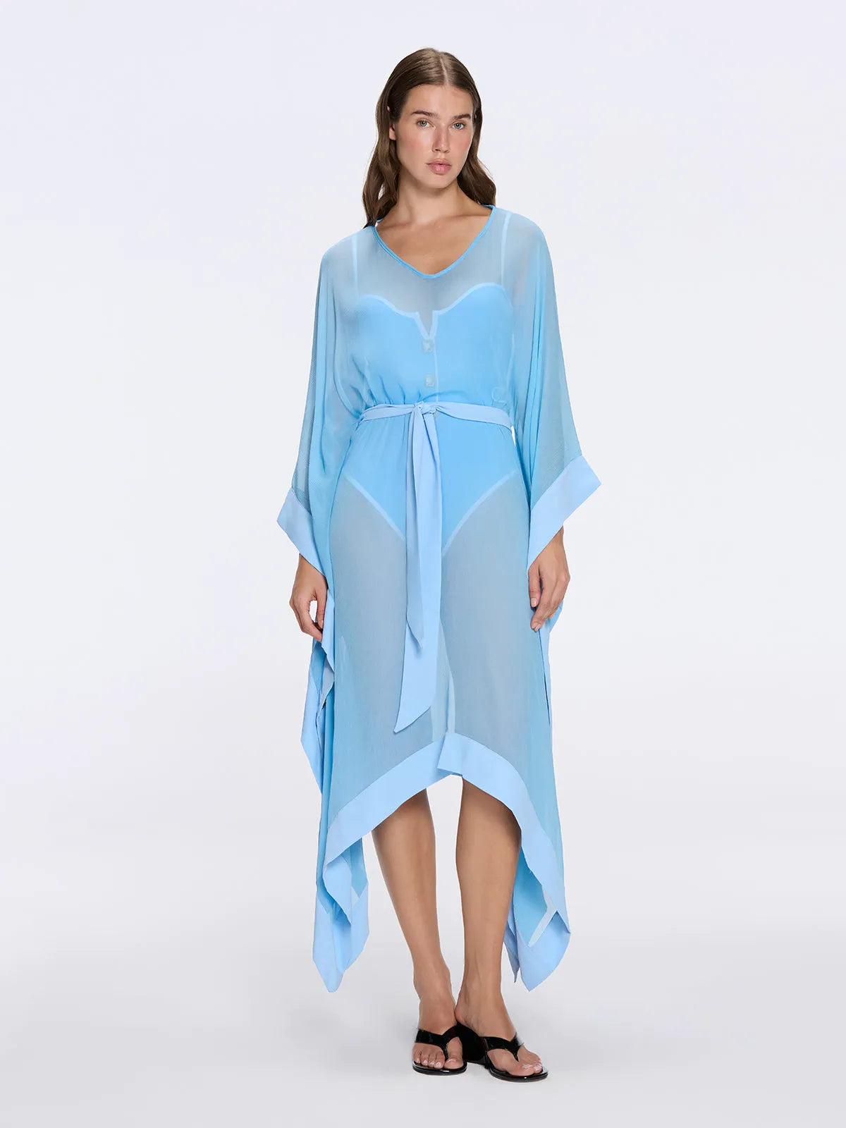 Tata Blue Sheer Kaftan with Gold Buttons, Belt, and Asymmetric Hem