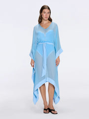 Tata Blue Sheer Kaftan with Gold Buttons, Belt, and Asymmetric Hem