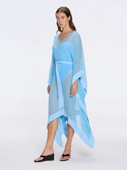 Tata Blue Sheer Kaftan with Gold Buttons, Belt, and Asymmetric Hem