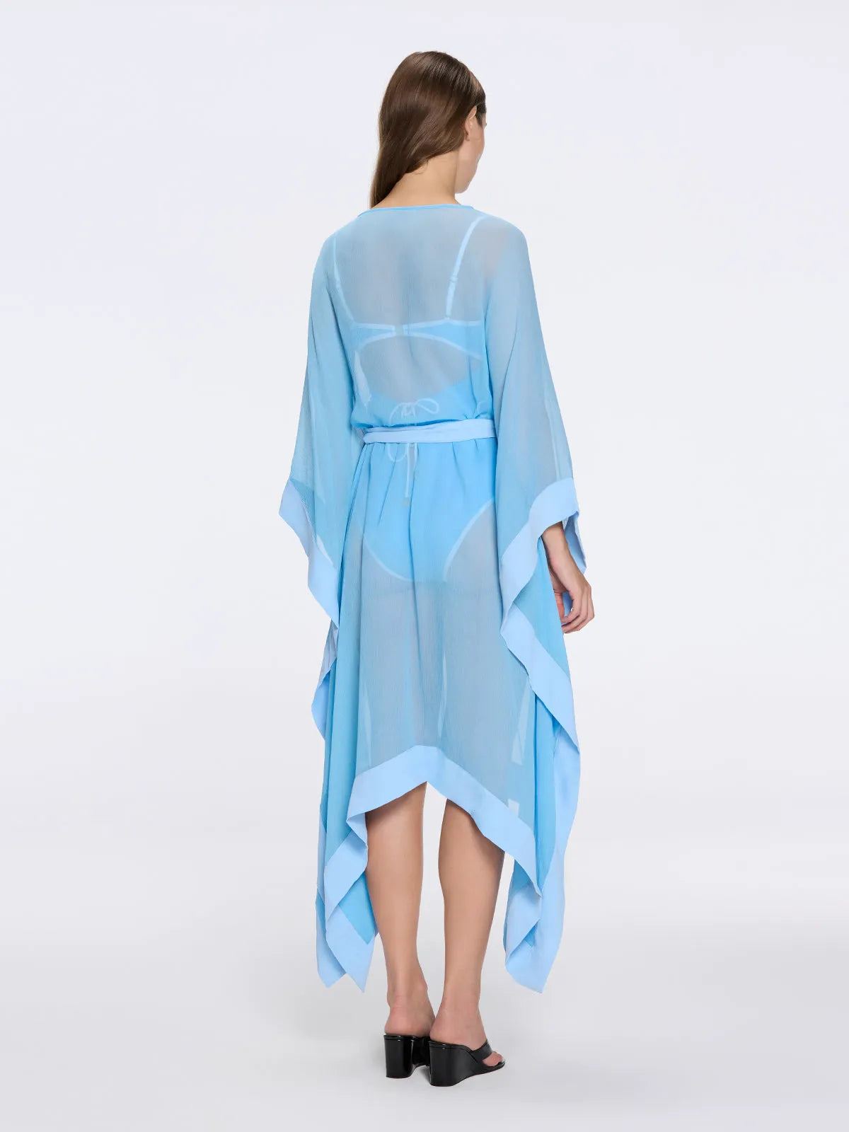 Tata Blue Sheer Kaftan with Gold Buttons, Belt, and Asymmetric Hem