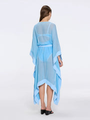 Tata Blue Sheer Kaftan with Gold Buttons, Belt, and Asymmetric Hem