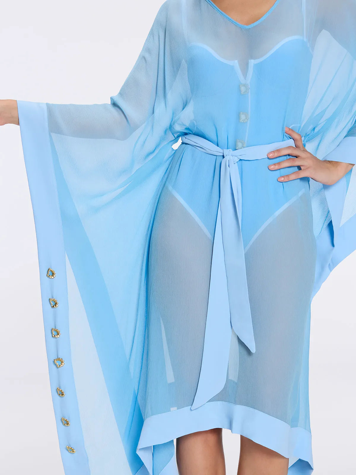 Tata Blue Sheer Kaftan with Gold Buttons, Belt, and Asymmetric Hem