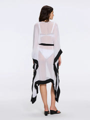 Tata Sheer Kaftan in White and Black with Gold Buttons, Belt, and Asymmetric Hem