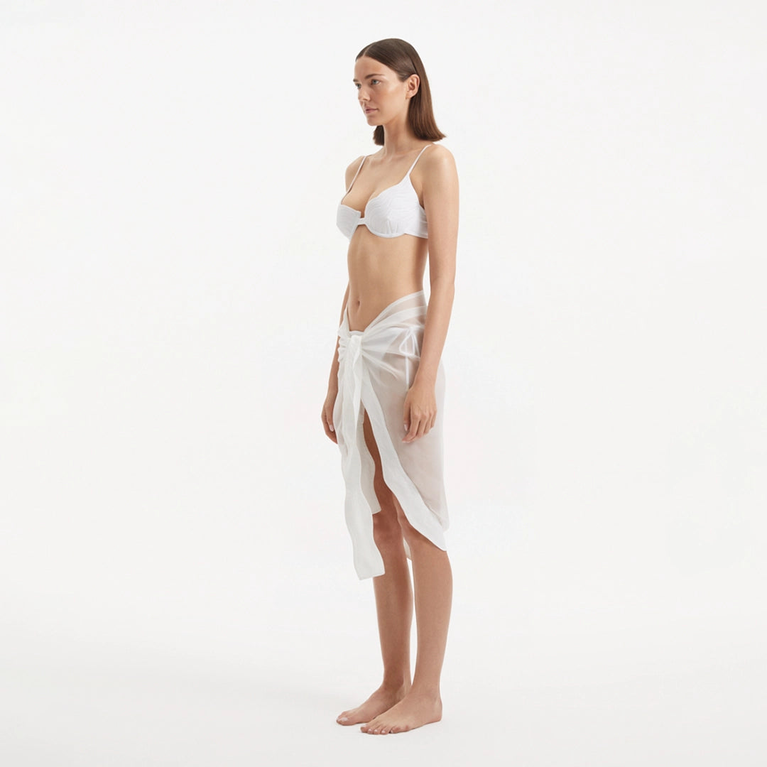 Raiden White Tie-Front Sheer Sarong with Wavy Trim