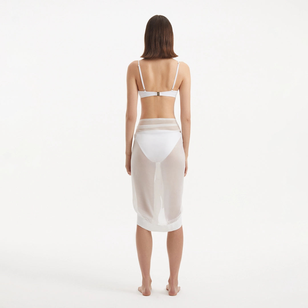 Raiden White Tie-Front Sheer Sarong with Wavy Trim