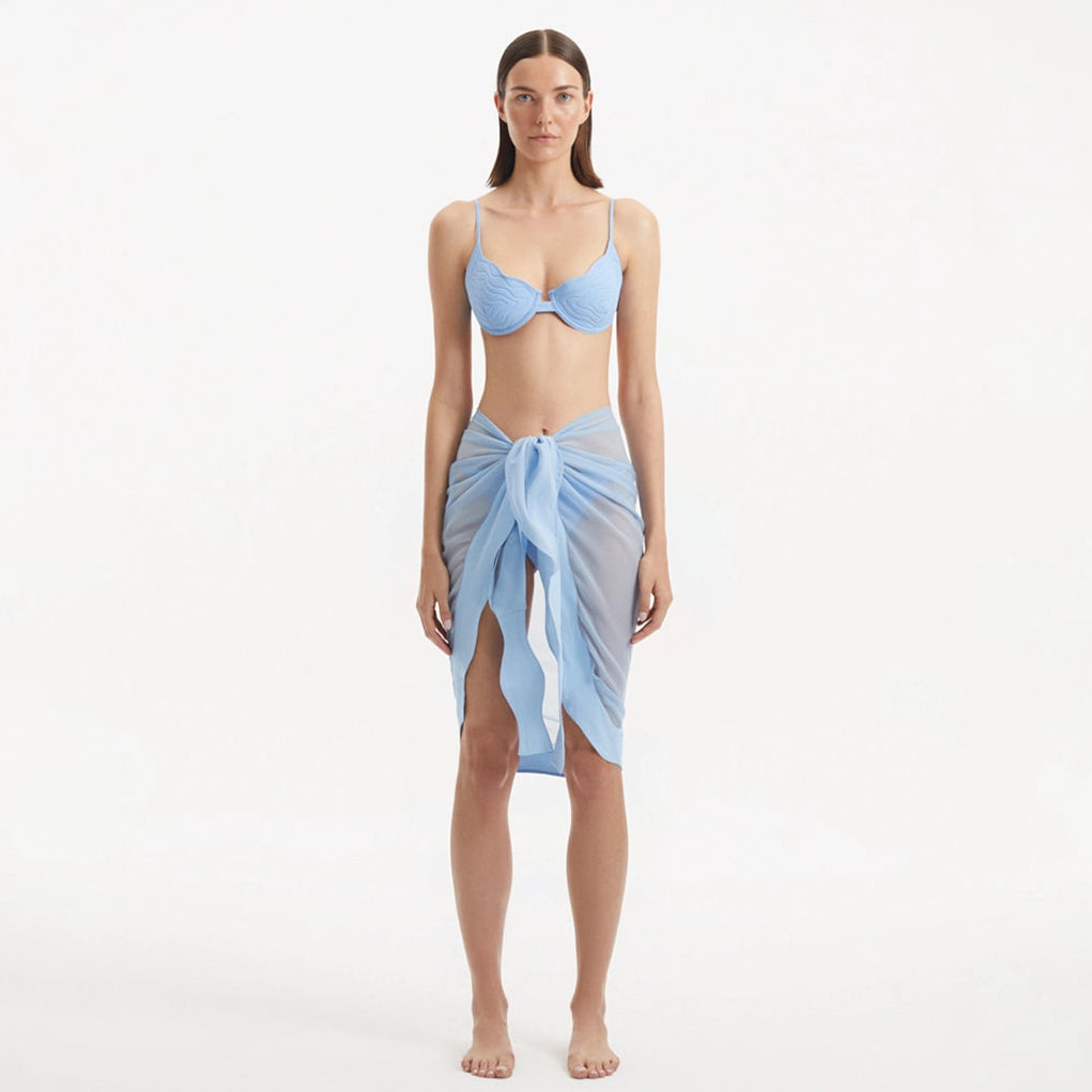 Raiden Baby Blue Tie-Front Sheer Sarong with Wavy Trim
