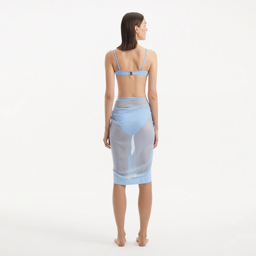 Raiden Baby Blue Tie-Front Sheer Sarong with Wavy Trim