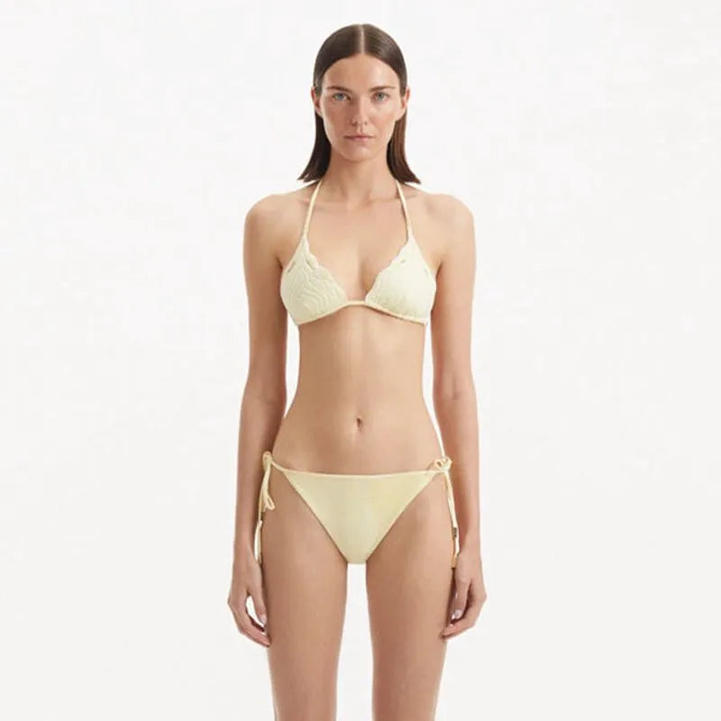 Sarita Yellow Triangle Wave Textured Side Tie Bikini Set