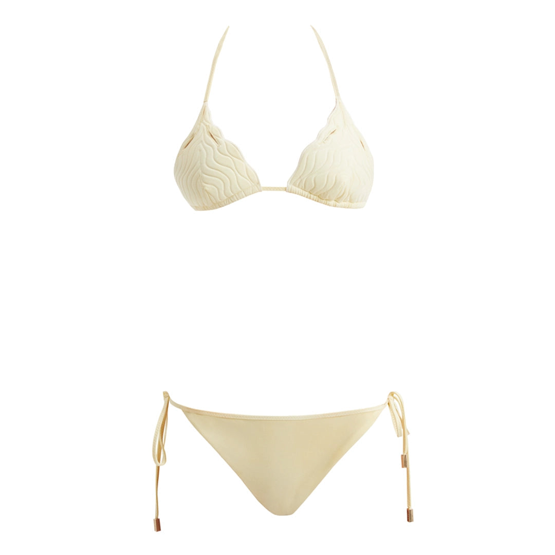 Sarita Yellow Triangle Wave Textured Side Tie Bikini Set