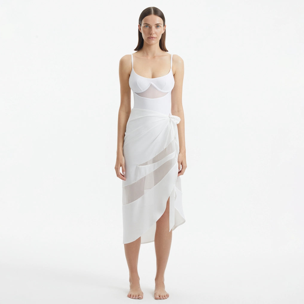 Pelagia White Sheer Sarong with Tie Front and Wavy Trim