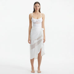 Pelagia White Sheer Sarong with Tie Front and Wavy Trim