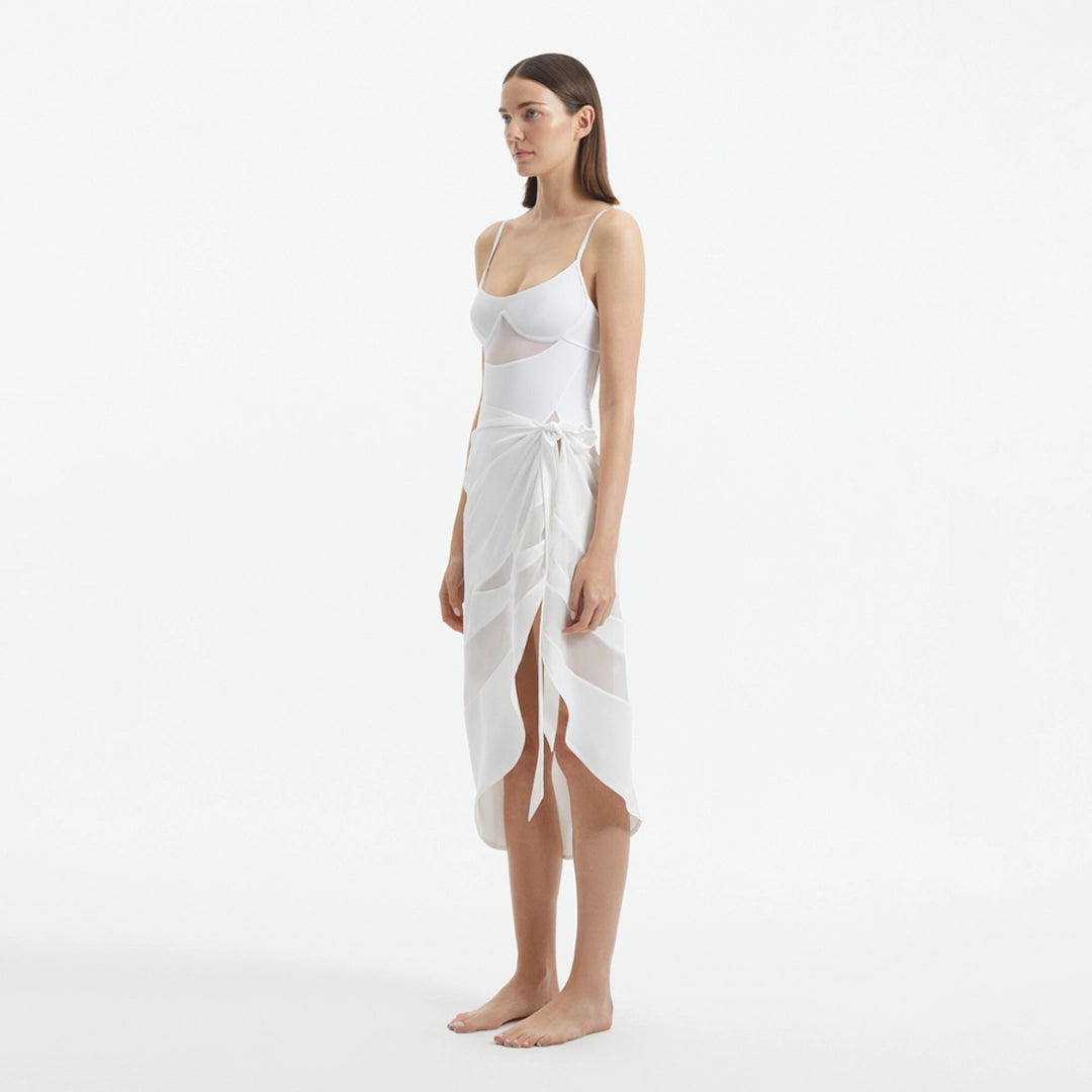 Pelagia White Sheer Sarong with Tie Front and Wavy Trim
