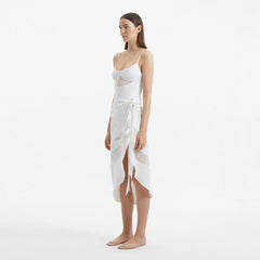 Pelagia White Sheer Sarong with Tie Front and Wavy Trim