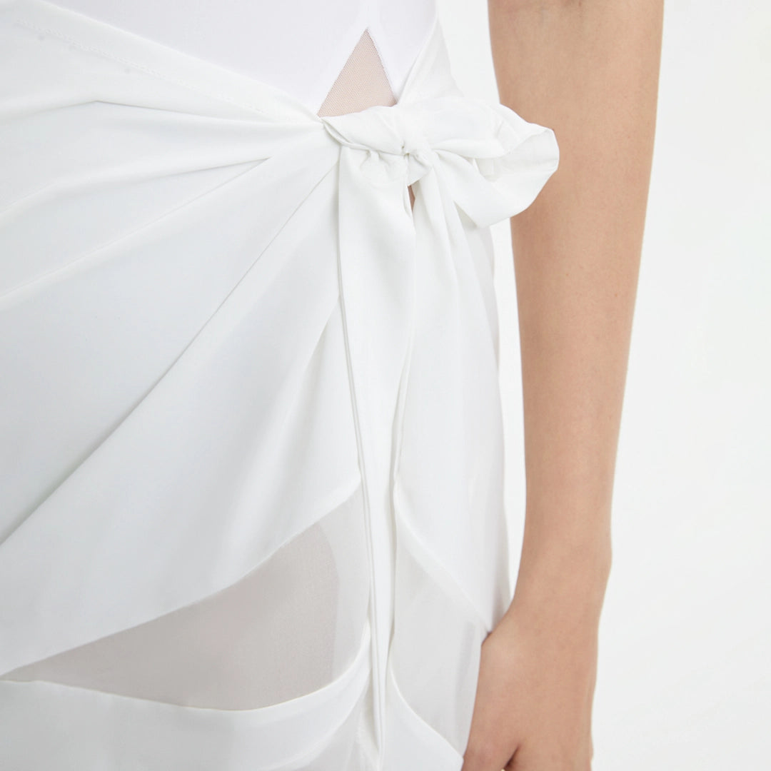 Pelagia White Sheer Sarong with Tie Front and Wavy Trim