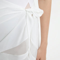 Pelagia White Sheer Sarong with Tie Front and Wavy Trim
