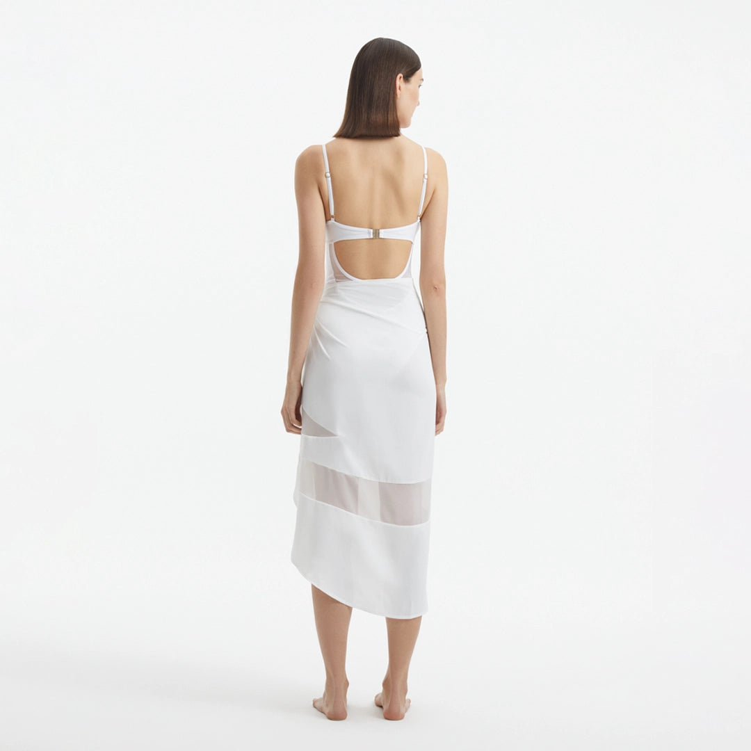Pelagia White Sheer Sarong with Tie Front and Wavy Trim