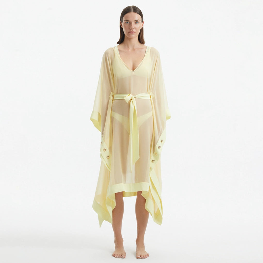 Opal Yellow Sheer Kaftan with Gold Buttons and Belt