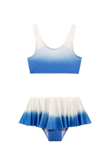 Kids Peachy Blue and White Scoop Neck Bikini Set with Skirt