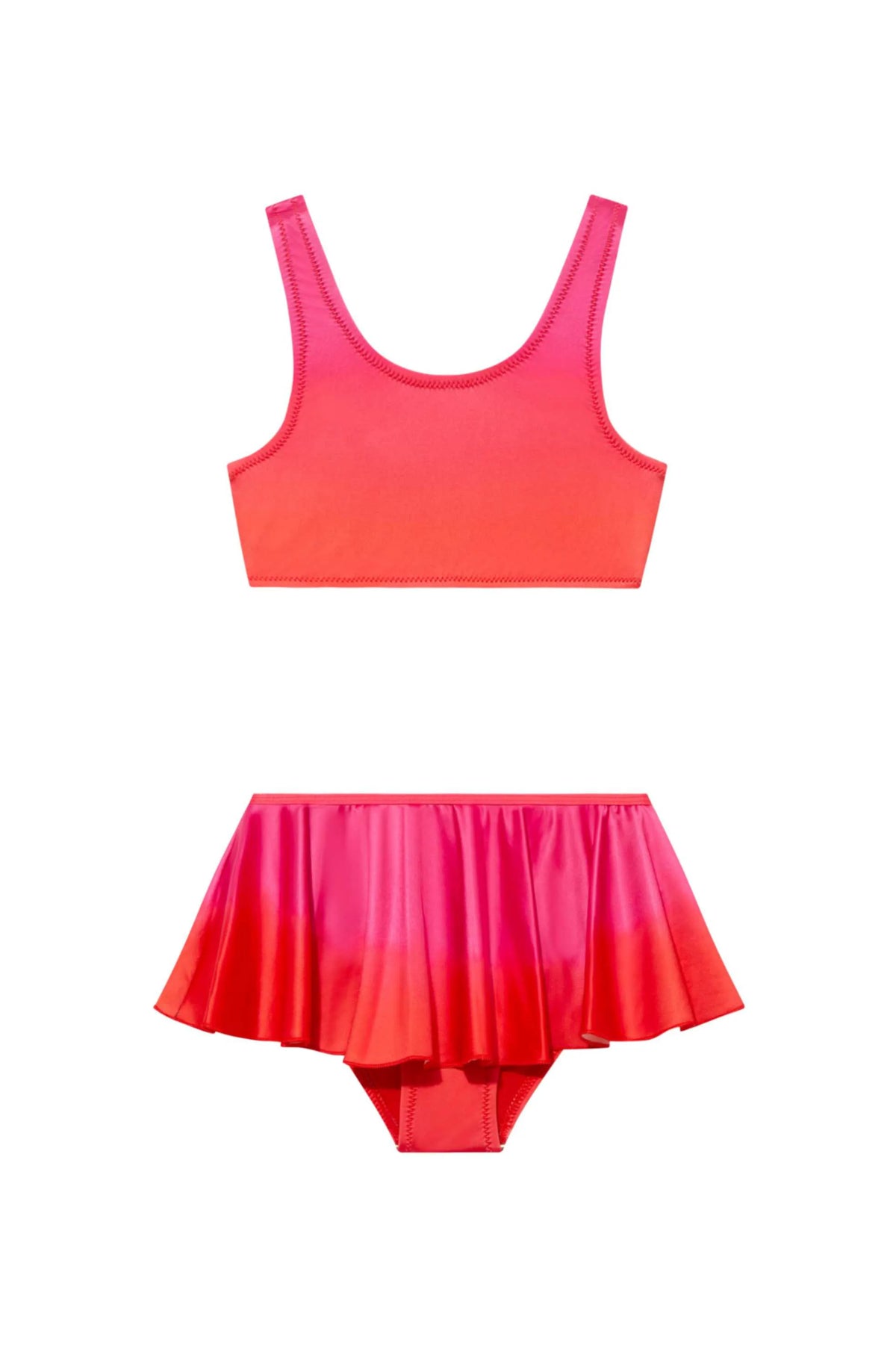 Kids' Peachy Red/Pink Scoop Neck Bikini Set with Skirt