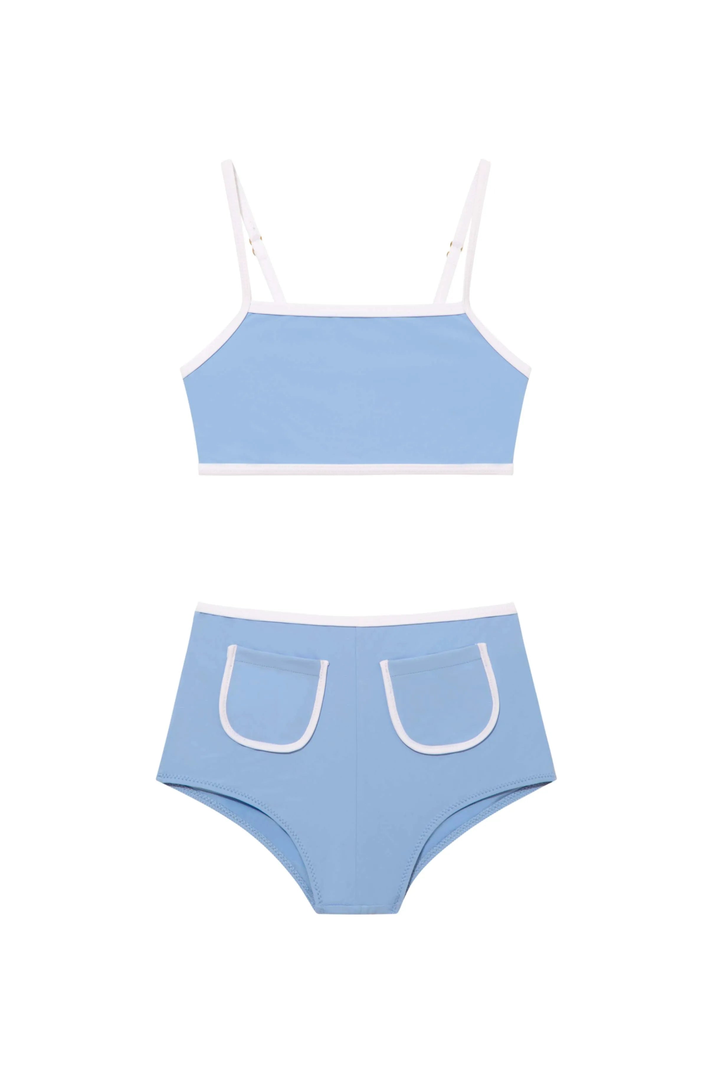 Sunny Blue Kids Bikini Set with Square Neck, High Waist, and Pocket Detail